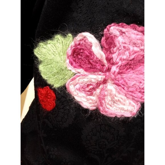 Choices Petite Womens Black Pattern Jacket Pink/Red Floral Applique Metal Button - Picture 6 of 12